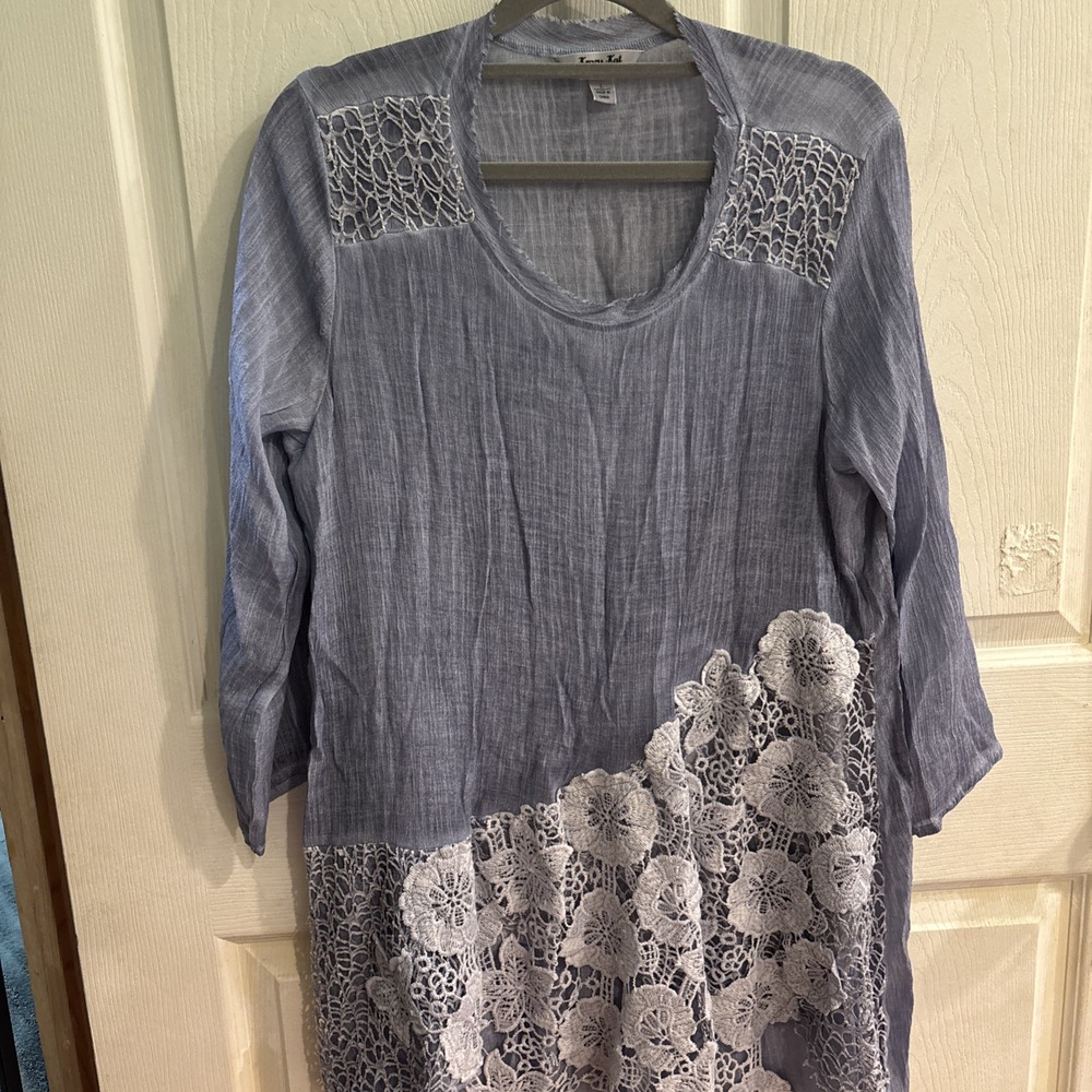 Krazy Kat Shimmer Blue Women's Tunic L Shirt Lace Lightweight Boho  Front Lined